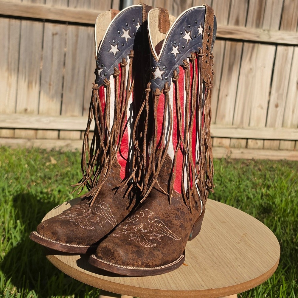 JB Dillon Reserve American Flag Fringe Western Boots Brown Leather JBR6085B 9.5B
